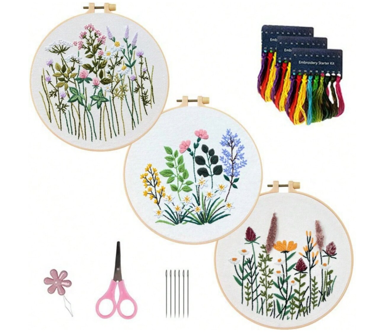 3-Pack Beginner Embroidery Kit – Threads, Bamboo Hoops & Floral Patterns for DIY Needlepoint Crafts